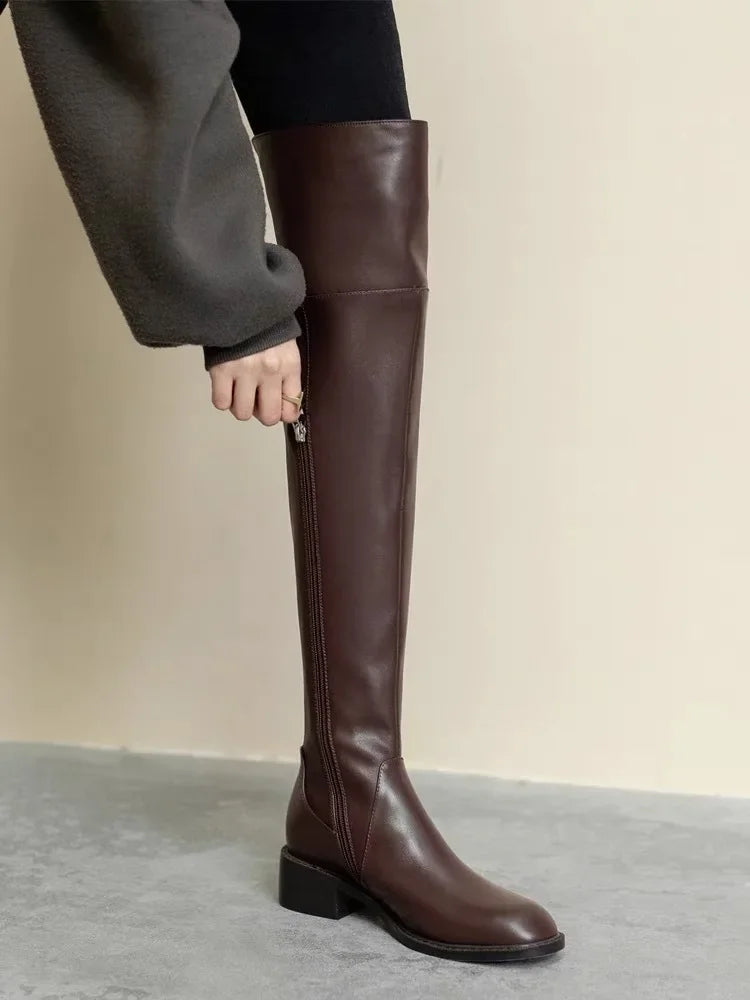 Women  Brown Leather over The Knee High Boots  @ ghoddosh.com