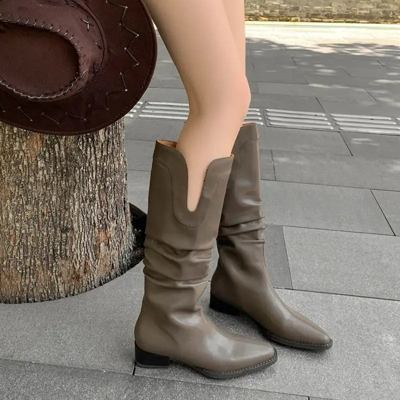 2026 New Cow Leather Round Toe Low Heels Winter Warm Riding Knee Boots  - ghoddosh.com