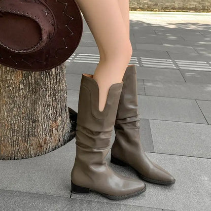 2026 New Cow Leather Round Toe Low Heels Winter Warm Riding Knee Boots  - ghoddosh.com