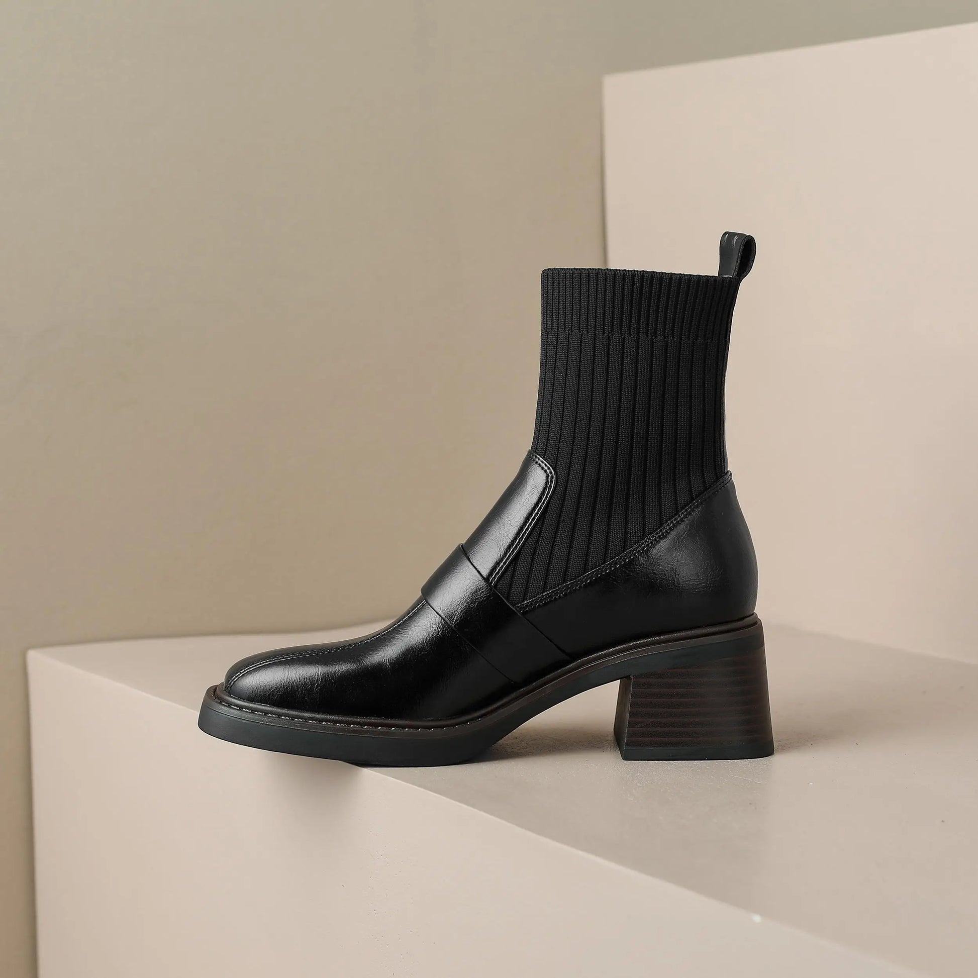 Retro Cow Split Leather Chelsea Boots — Square Toe, Platform Block Heel - Ghoddosh