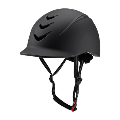 Black helmet with chin strap on a white background