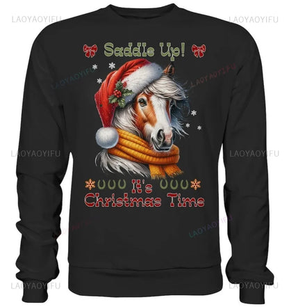 Person wearing a navy blue sweater with a Christmas-themed horse design and text. ghoddosh.com