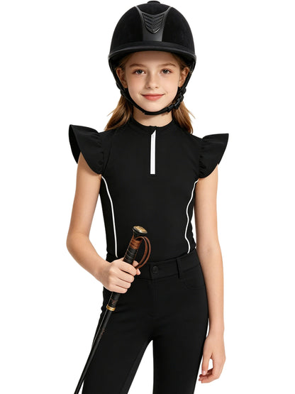 Girls Equestrian Quarter-Zip  Shirt | Kids Ruffled Sleeve Quick-Dry Horse Riding Top @ ghoddosh.com