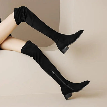  Elegant Modern Med Heels Square Toe Stretch Long Boots  , European Design Over-the-knee Boots - Ghoddosh