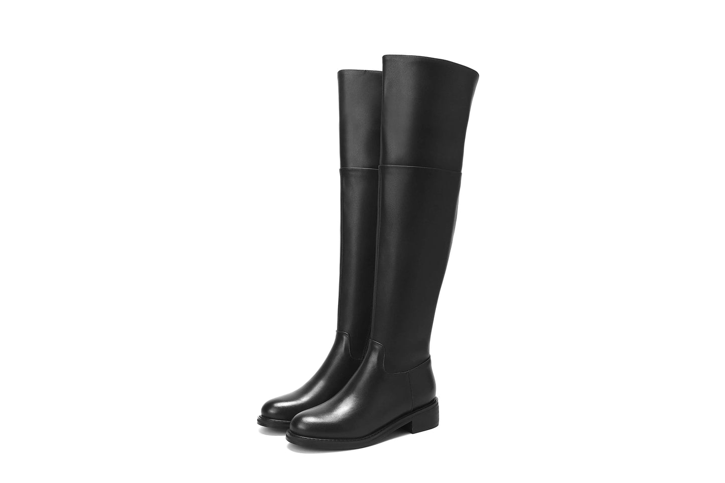 Black Classic Over‑the‑Knee Boots — Cow Leather, Mid Heel, Simple Daily Style - Ghoddosh