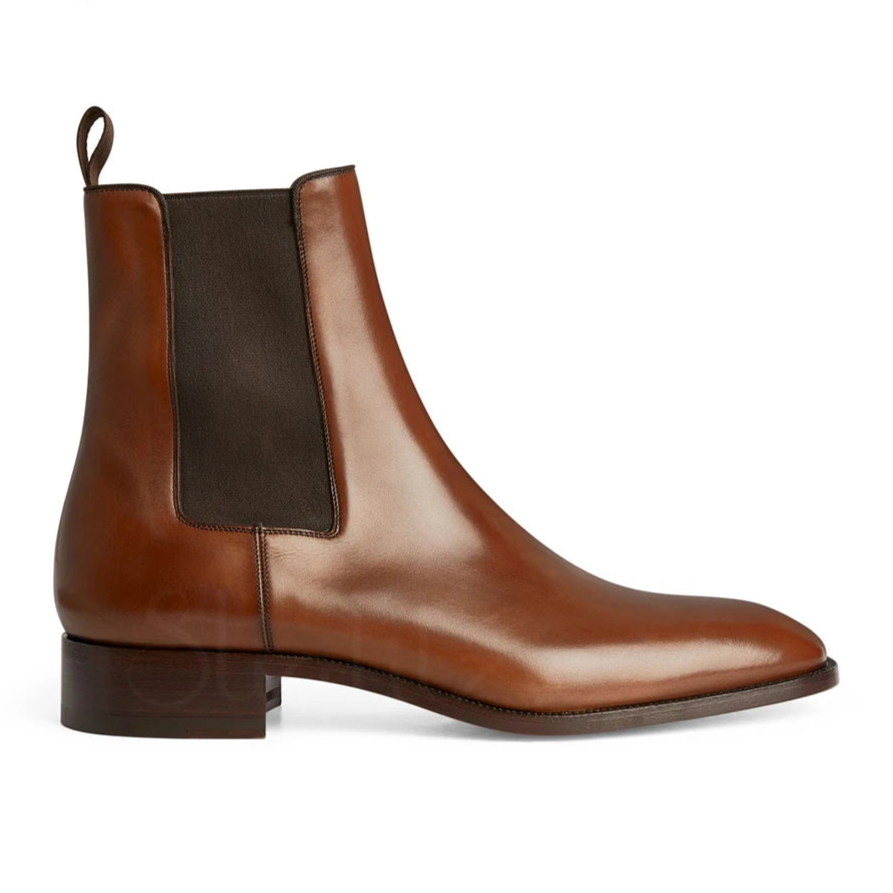 Men's Brown Patent Leather Stretch Boots  Almond Toe Slip-On - Ghoddosh