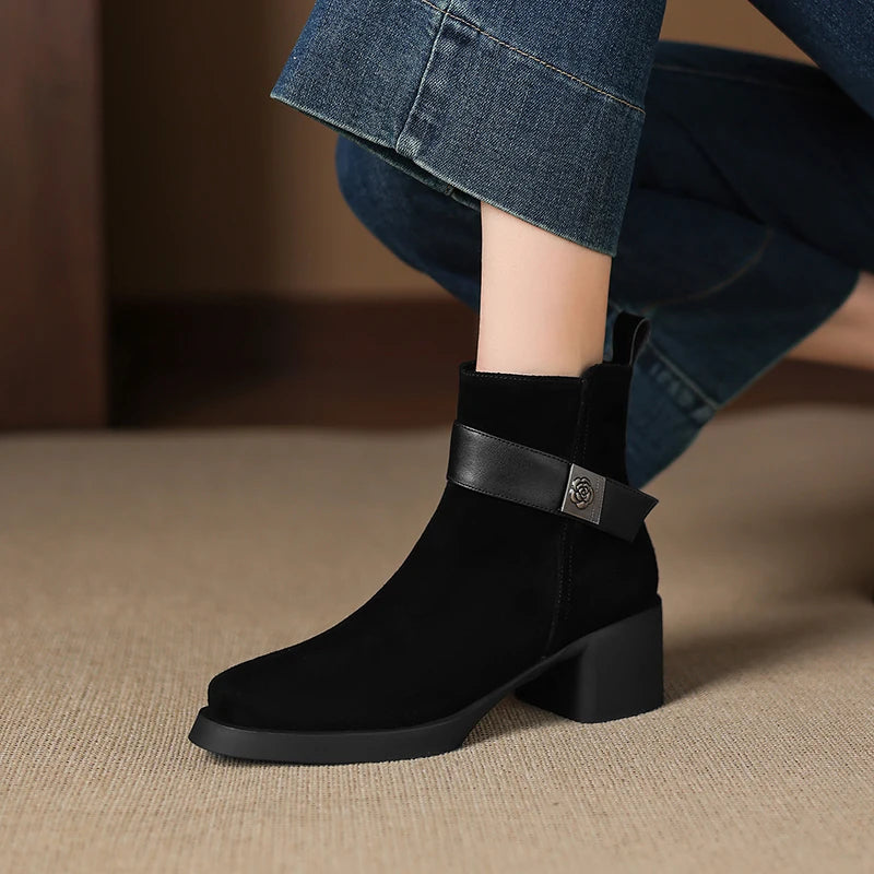 New  Women Genuine Leather  Chelsea Boots - Square  Heels Short Ankle Boots - ghoddosh.com