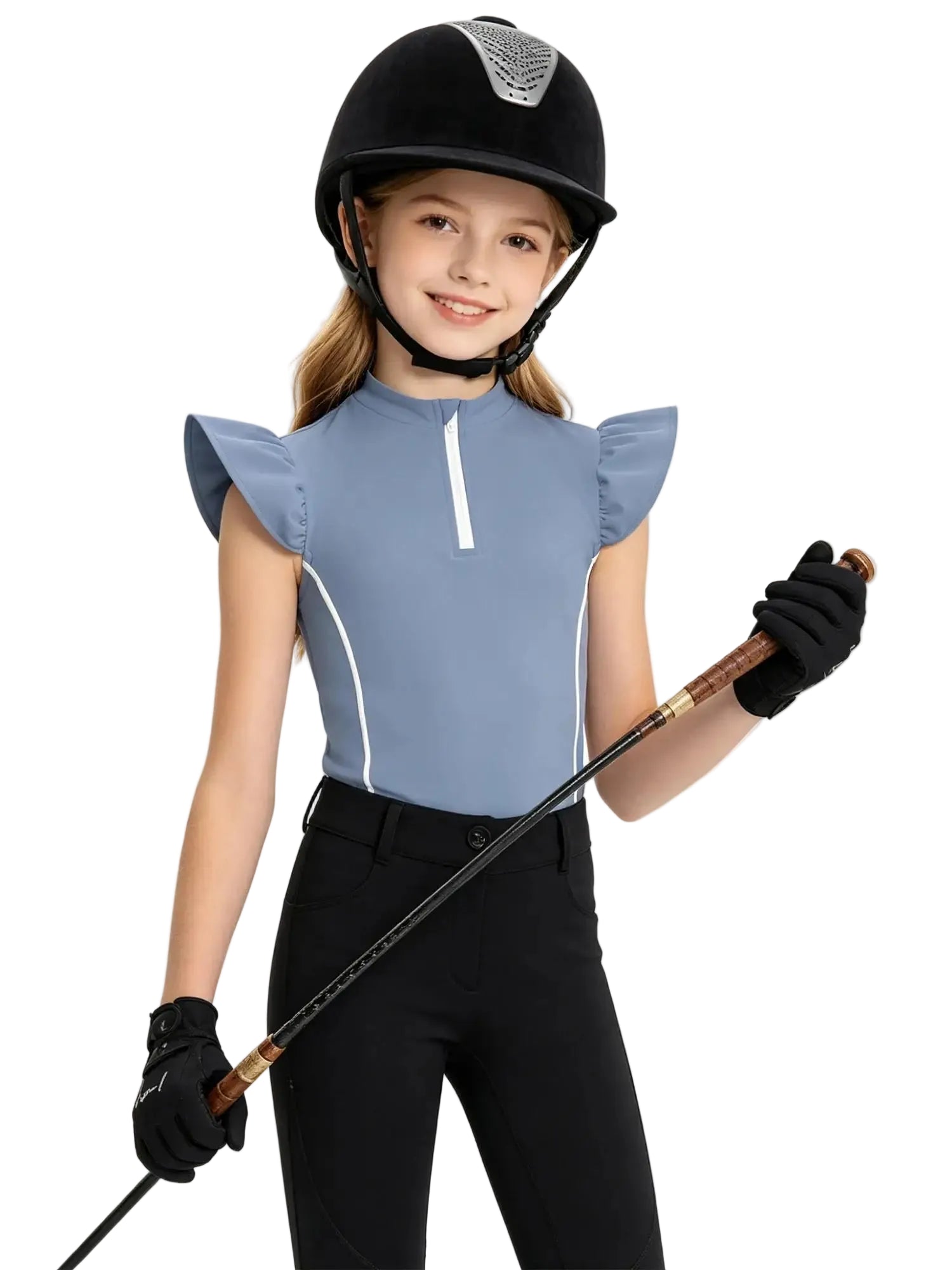 Girls Equestrian Quarter-Zip  Shirt | Kids Ruffled Sleeve Quick-Dry Horse Riding Top @ ghoddosh.com