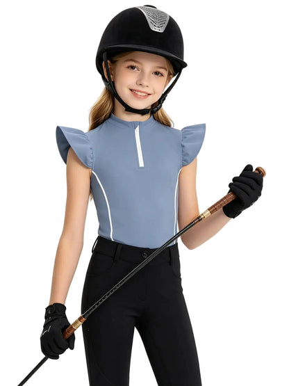 Girls Equestrian Quarter-Zip  Shirt | Kids Ruffled Sleeve Quick-Dry Horse Riding Top @ ghoddosh.com