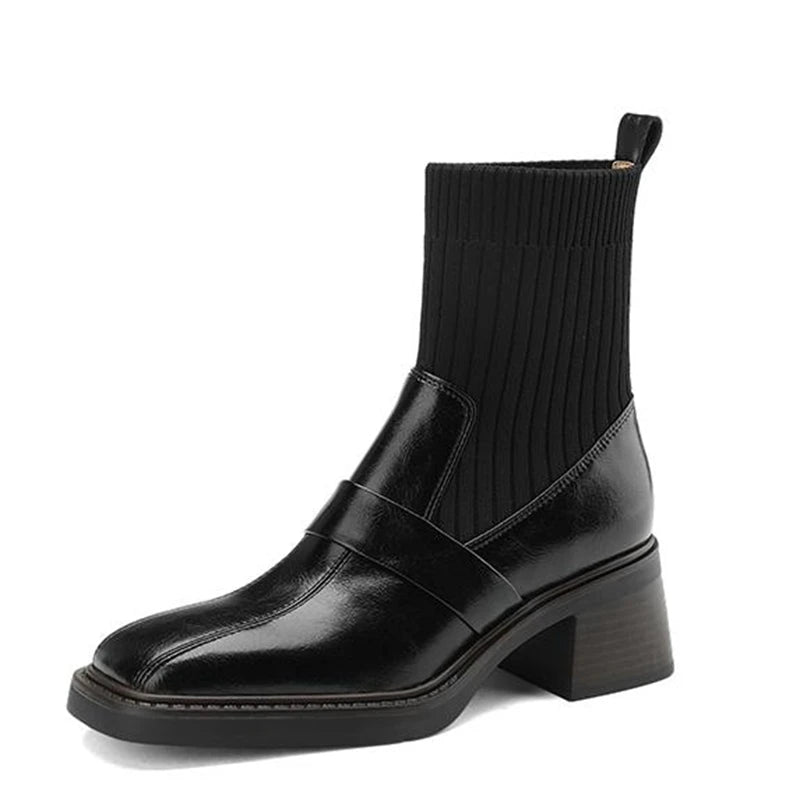 Retro Cow Split Leather Chelsea Boots — Square Toe, Platform Block Heel - Ghoddosh