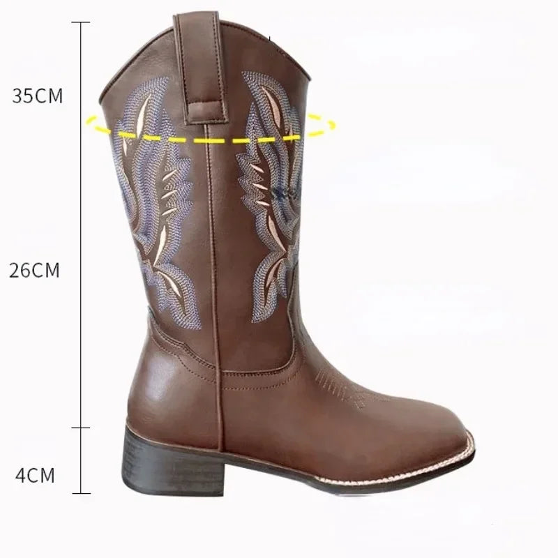 Embroidered brown cowboy boots — square toe and chunky mid-calf heel. - Ghoddosh