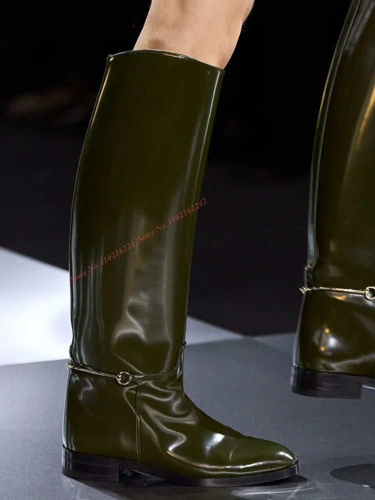 Knee-High “Knight” Winter Riding Boots – Round Toe, Flat Heel Equestrian Style (Multiple Colors) - Green Glossy - Ghoddosh 