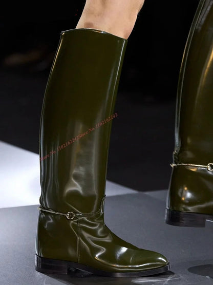 Knee-High “Knight” Winter Riding Boots – Round Toe, Flat Heel Equestrian Style (Multiple Colors) - Green Glossy - Ghoddosh 