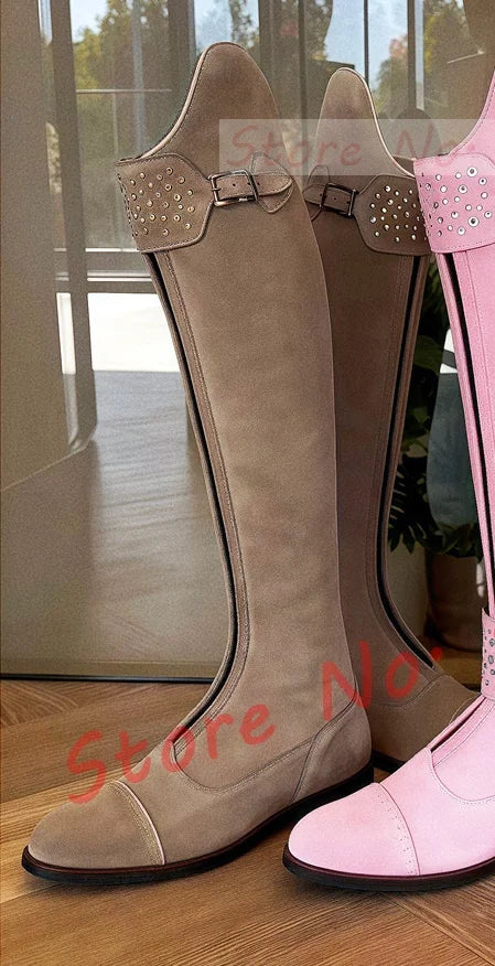 Women's Chunky Med Heel Cow Leather Thigh High Riding Boots
