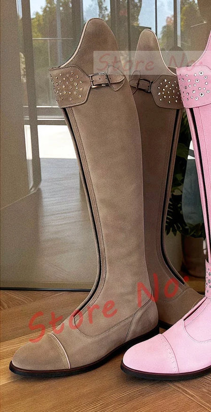 Women's Chunky Med Heel Cow Leather Thigh High Riding Boots