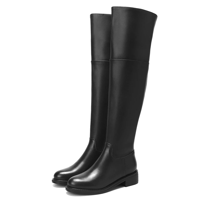 Black Classic Over‑the‑Knee Boots — Cow Leather, Mid Heel, Simple Daily Style - Ghoddosh