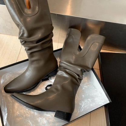 2026 New Cow Leather Round Toe Low Heels Winter Warm Riding Knee Boots  - ghoddosh.com