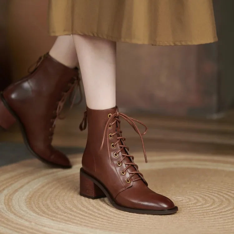 New  Split Leather Women  Round Toe  Chunky Heels Boots - Ghoddosh