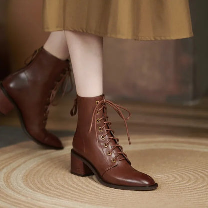 New  Split Leather Women  Round Toe  Chunky Heels Boots - Ghoddosh