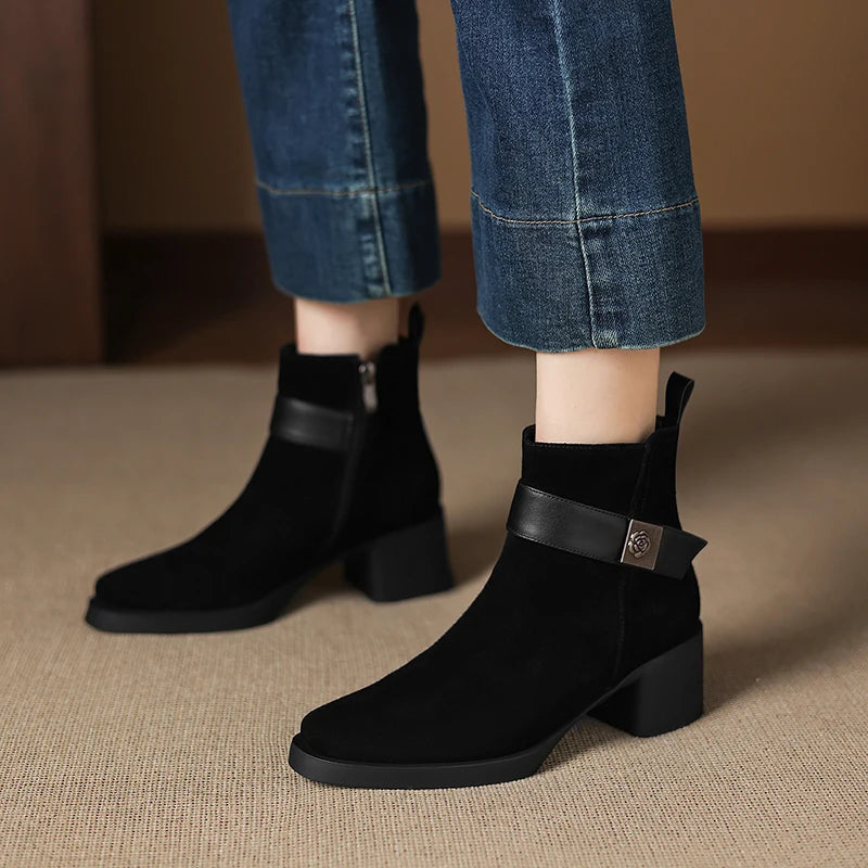 New  Women Genuine Leather  Chelsea Boots - Square  Heels Short Ankle Boots - ghoddosh.com