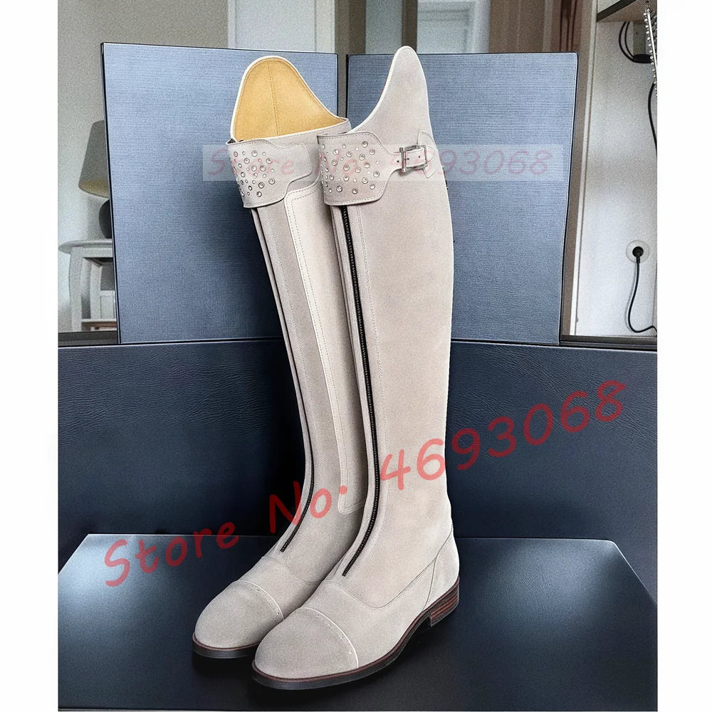 Women's Chunky Med Heel Cow Leather Thigh High Riding Boots