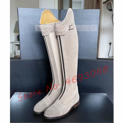 Women's Chunky Med Heel Cow Leather Thigh High Riding Boots