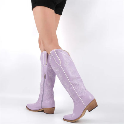 Women's Pink Knee-High Cowgirl Boots  Chunky Mid-Heel Pull-On Western Booties @ ghoddosh.com