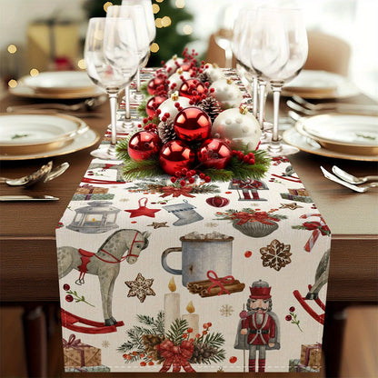1pc Vintage Christmas Collage Table Runner, Nutcracker & Rocking Horse Design  @ghoddosh.com
