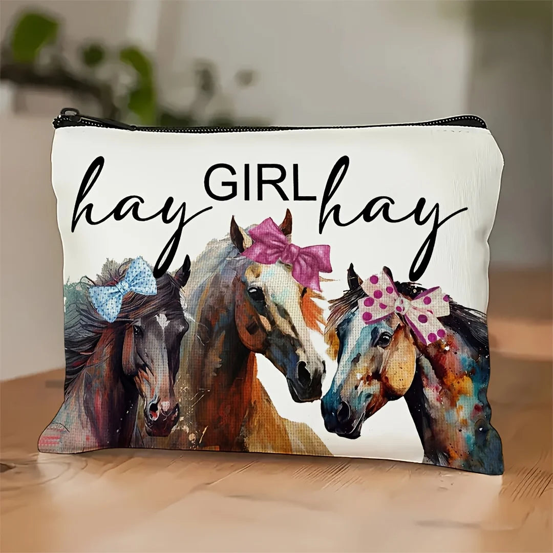 A "Girl's Meadow" Vintage Horse Print Makeup Bag- Multifunctional Zipper Pouch, Jewelry storage bag @ghoddosh.com