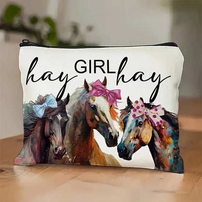 A "Girl's Meadow" Vintage Horse Print Makeup Bag- Multifunctional Zipper Pouch, Jewelry storage bag @ghoddosh.com