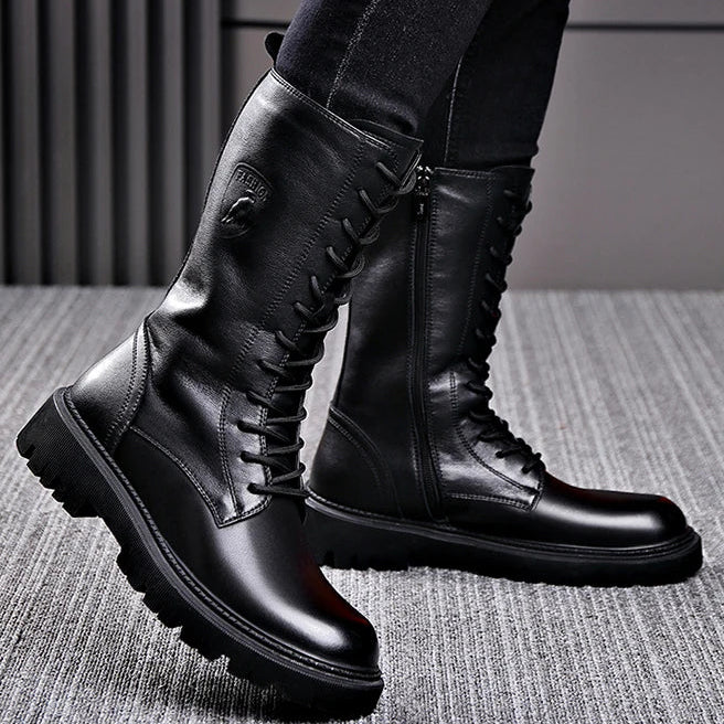 Men's Riding Winter Boots , Genuine Leather Lace Up Extra Long Mongolian High  Knight Ankle Boots@ghoddosh.com