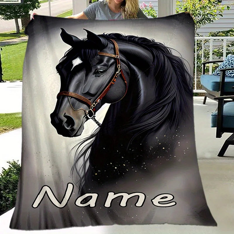 Personalized Custom Name Black Horse Flannel Blanket / Soft Flannel - ghoddosh.com