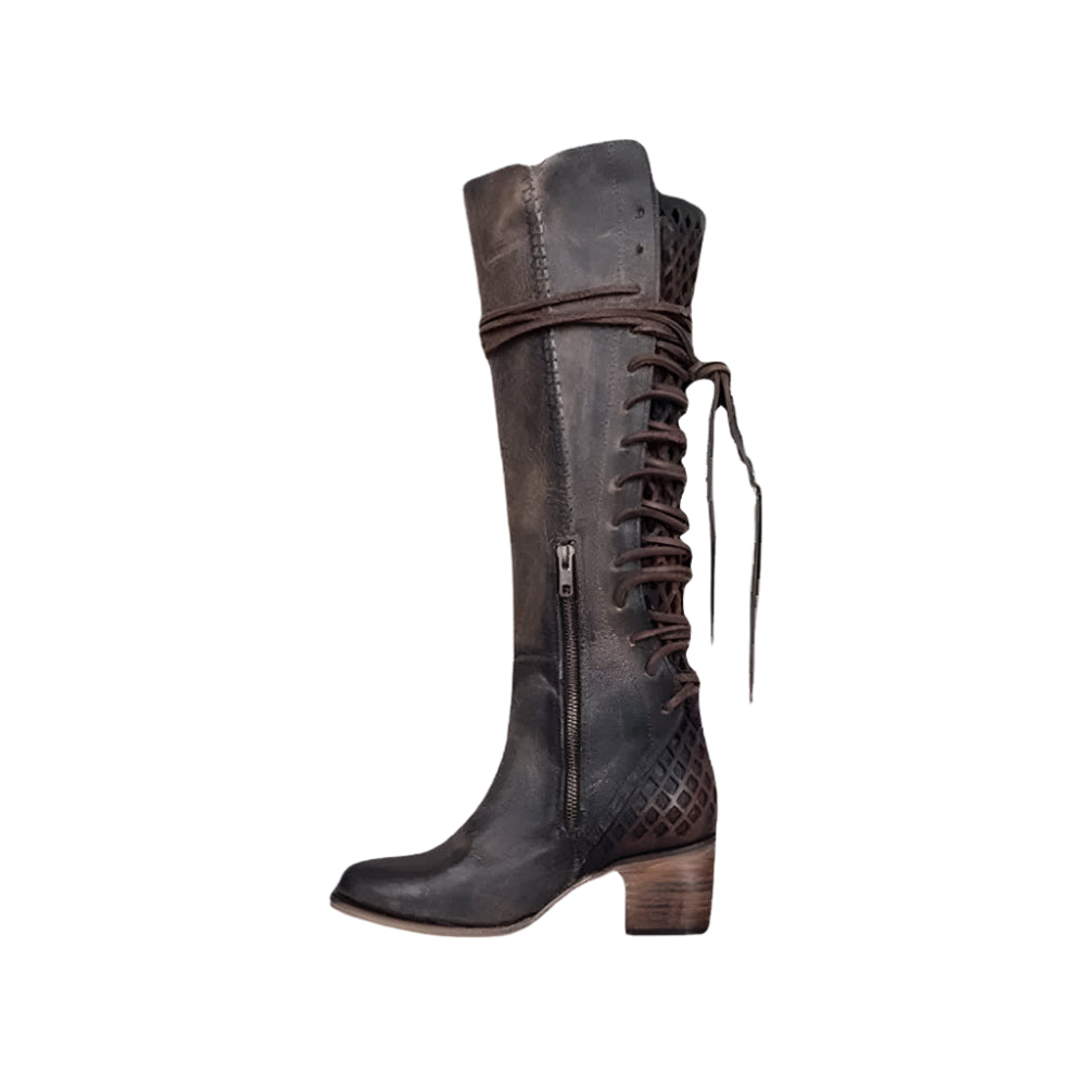 Vintage Cowboy Lace Up  Boots  Gladiator Round Toe Cross Tied Chunky Heels - Ghoddosh