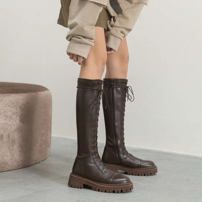 Genuine Leather Round Toe High Heel Riding Boots / Cross-tied Vintage Gladiator Lady Casual Platform Knee-high Boots .Ghoddosh

