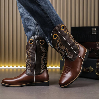 Men’s Knight High-Top  , Square Heels Embroidered Western Cowboy Boots - Ghoddosh