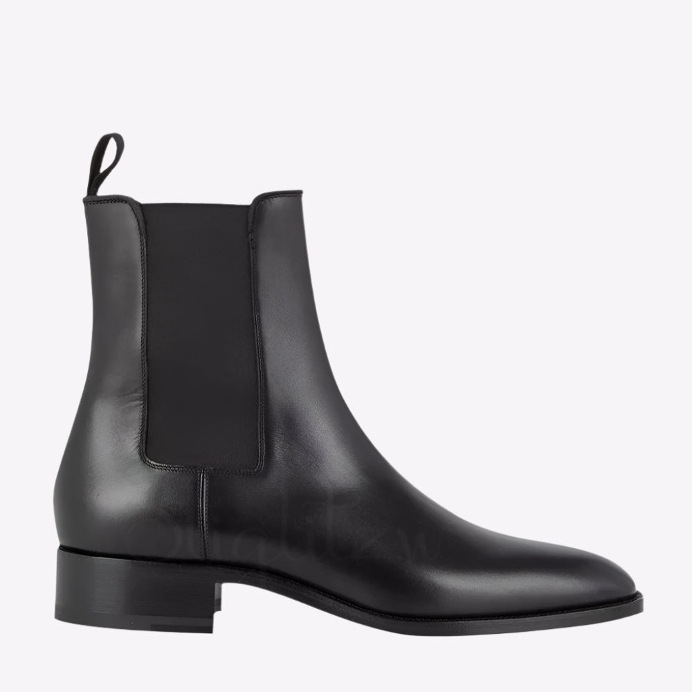Men's Brown Patent Leather Stretch Boots  Almond Toe Slip-On - Ghoddosh