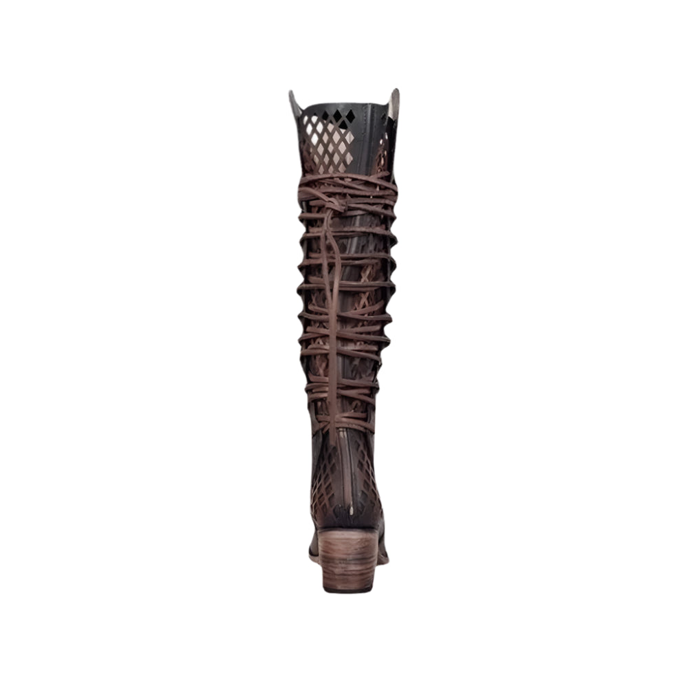 Vintage Cowboy Lace Up  Boots  Gladiator Round Toe Cross Tied Chunky Heels - Ghoddosh
