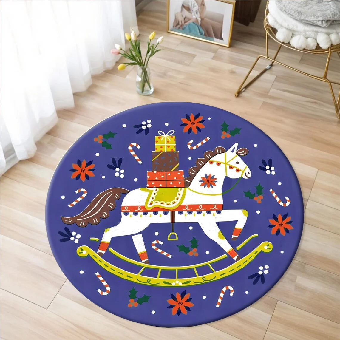 Christmas Horse Printed Circle Carpet - Round  Kids Non-slip Floor Rug @ghoddosh.com