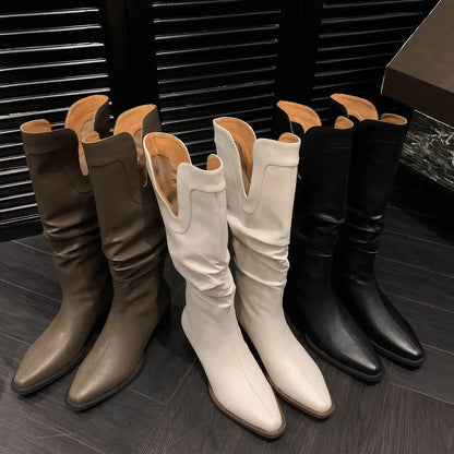 2026 New Cow Leather Round Toe Low Heels Winter Warm Riding Knee Boots  - ghoddosh.com