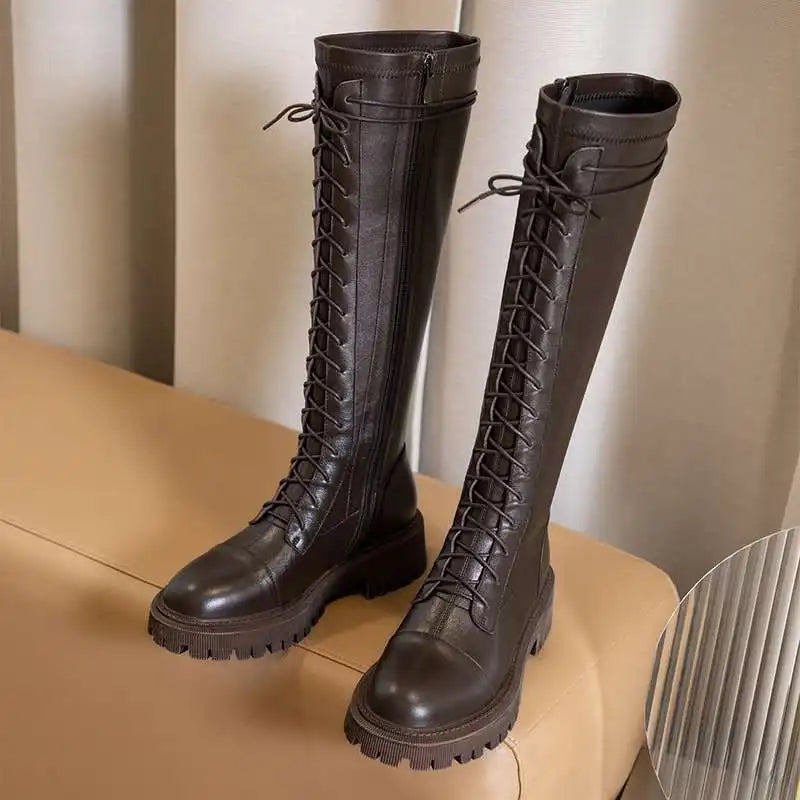 Genuine Leather Round Toe High Heel Riding Boots / Cross-tied Vintage Gladiator Lady Casual Platform Knee-high Boots .Ghoddosh

