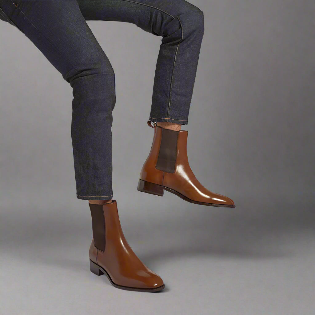 Men's Brown Patent Leather Stretch Boots  Almond Toe Slip-On - Ghoddosh