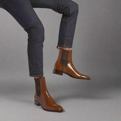 Men's Brown Patent Leather Stretch Boots  Almond Toe Slip-On - Ghoddosh