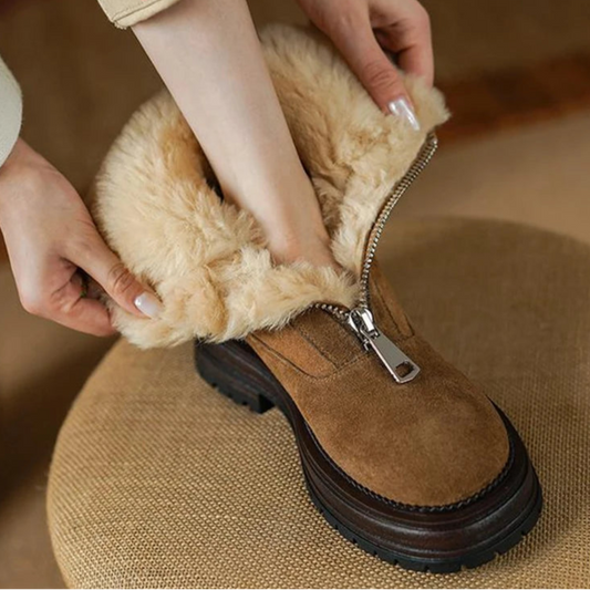 Cow Suede Round-Toe Winter Ankle Boots with Thick Fur Lining, Mid Heel with Front Zipper - Ghoddosh
