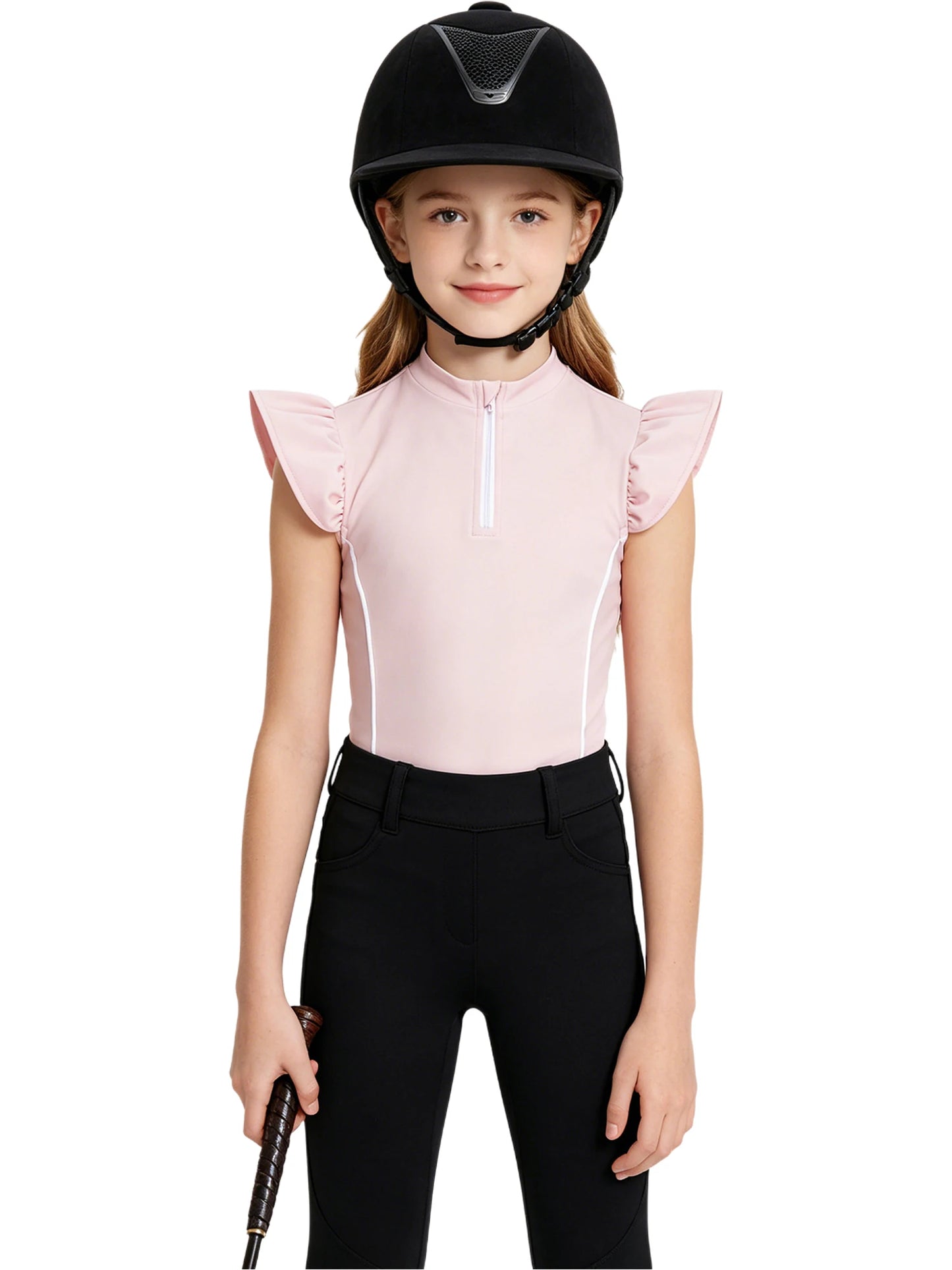 Girls Equestrian Quarter-Zip  Shirt | Kids Ruffled Sleeve Quick-Dry Horse Riding Top @ ghoddosh.com
