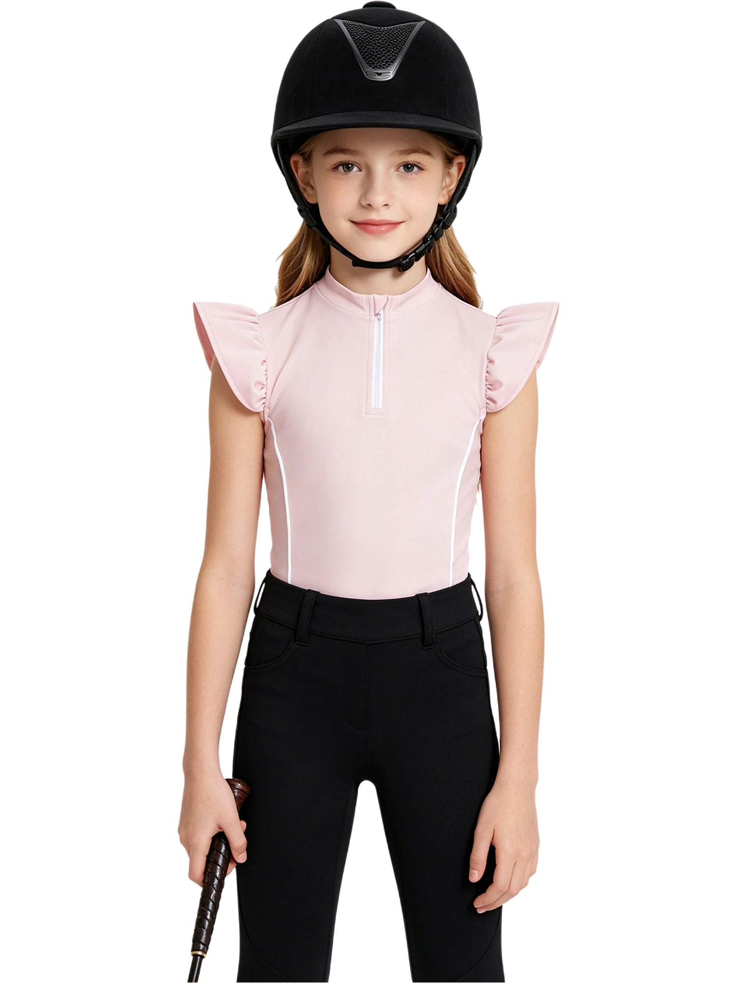 Girls Equestrian Quarter-Zip  Shirt | Kids Ruffled Sleeve Quick-Dry Horse Riding Top @ ghoddosh.com