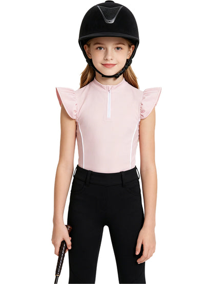 Girls Equestrian Quarter-Zip  Shirt | Kids Ruffled Sleeve Quick-Dry Horse Riding Top @ ghoddosh.com