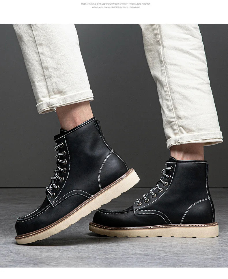Vintage British Casual Men Shoes Handmade Autumn Winter Snow Plush Warm Leather Ankle Boots Leather