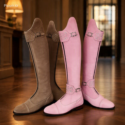 Women's Chunky Med Heel Cow Leather Thigh High Riding Boots