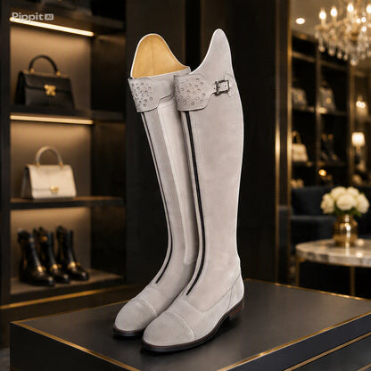 Women's Chunky Med Heel Cow Leather Thigh High Riding Boots