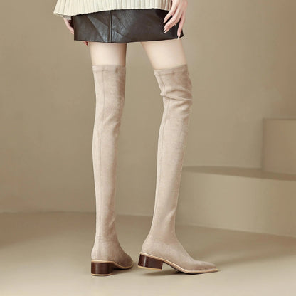 English Style Med Heels Thin Leg Square Toe   , New Stretch Slip on Over-the-knee Boots - Ghoddosh